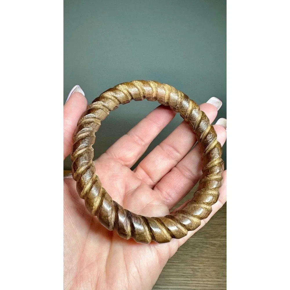 Vintage Carved Wood Resin Bangle Bracelets Lot Stackable Boho Chunky Set 3